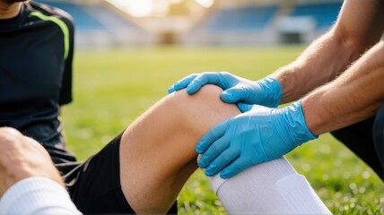 Fototapeta premium A sports medic wearing blue gloves is examining the knee of a player sitting on the green field.