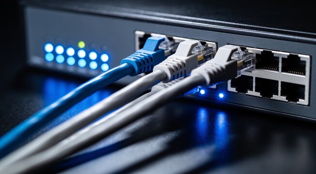 A network device with several connected ethernet cables and illuminated status indicator lights.
