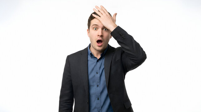 Young man slapping forehead in shock against white background