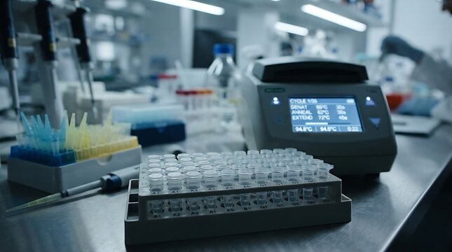 Modern laboratory equipment with test tubes and digital display for scientific research and analysis.