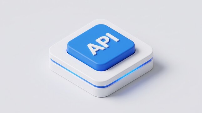 Blue and white isometric button with bold white API text featuring a modern soft clean minimalist design for software development