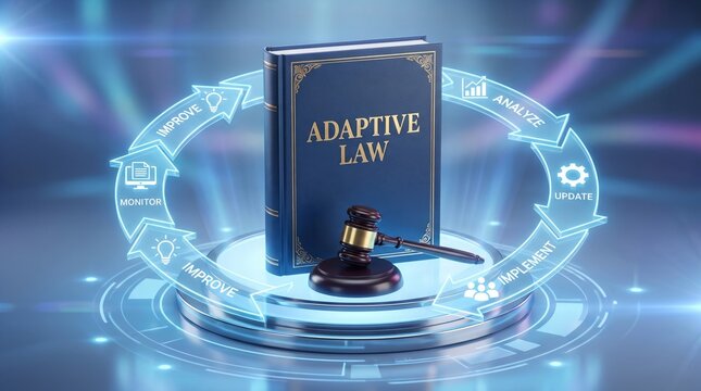 Adaptive law blue hardback book featuring a wooden judge gavel resting on a glowing metallic platform with circular digital icons