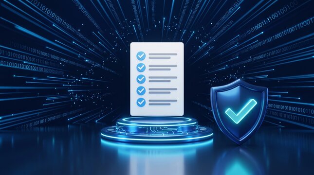 Digital checklist icon with blue check marks next to a glowing protective shield on a sleek neon pedestal stage