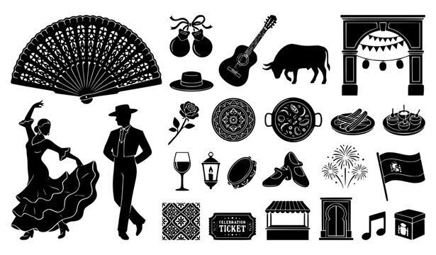 Spanish fair culture vector icons with flamenco dancer fan guitar bull food music and fiesta celebration