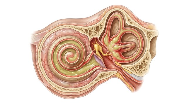 Isolated medical illustration of the human inner ear showing an infection with fluid buildup in the cochlea and semicircular canals, demonstrating pathology of the auditory and balance system.