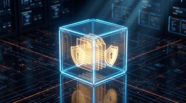 Glowing digital cube protects sensitive documents with golden shields representing cybersecurity and data encryption within a sophisticated modern technical environment