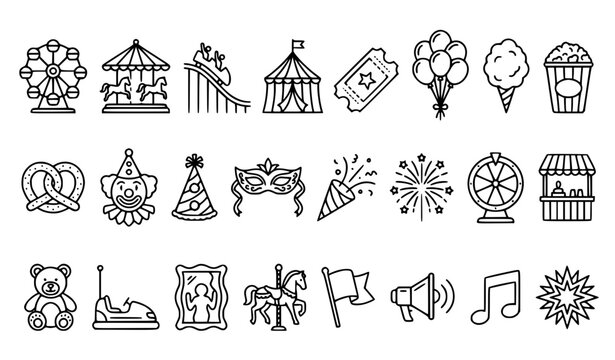 Minimal carnival and fair line icons with rides tickets balloons popcorn party masks and celebration symbols