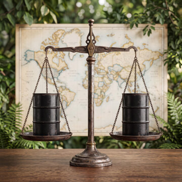 Balancing Earth's Resources: A classic balance scale weighs two barrels, symbolizing natural resources, against a vintage world map, representing global impact. Lush greenery frames the scene.