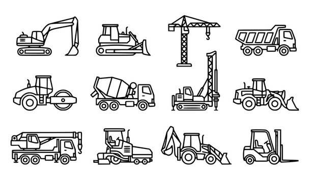 Construction Site Machinery Outline Icons Collection