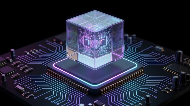 Quantum computing chip inside glass cube on circuit board