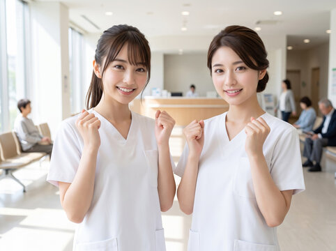 ガッツポーズをして笑みを浮かべる2人の女性看護師
