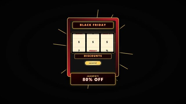 Retro arcade slot machine featuring continuous velocity-driven reel physics, sequential exact symbol locking on BLACK, FRIDAY, JACKPOT, and a sparkling 80% OFF discount popup reward in a seamless 8-se