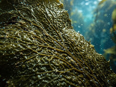 Underwater kelp seaweed texture with bubbles and veins for nature background.