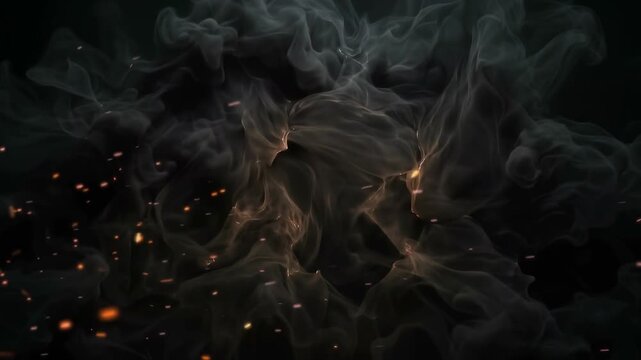 Abstract 3D animated background featuring thick dark billowing smoke and bright golden fiery energy pulses. Floating glowing embers and sparks create a dramatic cinematic mystical overlay effect.