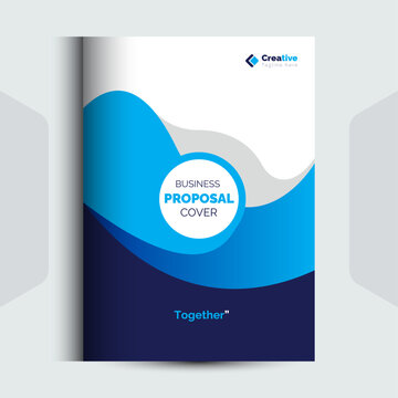 Professional business proposal cover template with modern blue abstract wave graphic design