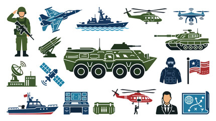 Fototapeta premium Flat Design Military and Army Icons. Defense, Warfare, and Armed Forces Equipment, Vehicles, Personnel