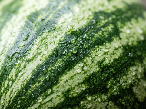 Close up texture of wet watermelon rind with green stripes and water drops.
