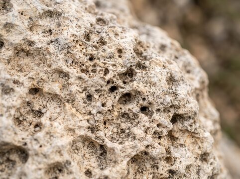Porous white limestone rock with many small holes exhibits rough texture for unique backgrounds.