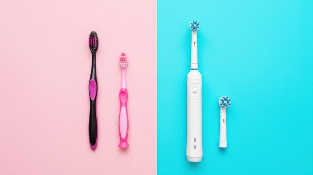 Manual and electric toothbrushes on pink and blue background