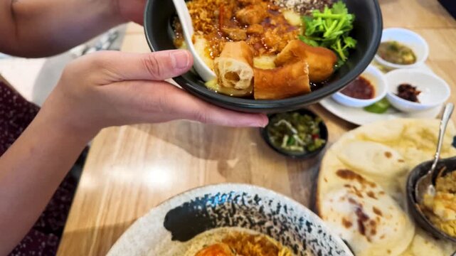 Serving Burmese Tofu Nway and Shan Noodles on Restaurant Table