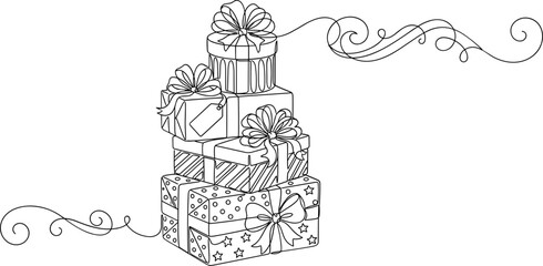 Fototapeta premium A stack of wrapped gift boxes adorned with ribbons and bows.