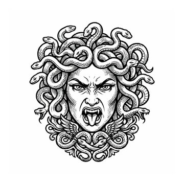Medusa Gorgon Head Illustration with Venomous Snakes for T-Shirt Design and Tattoo Art Style Graphic