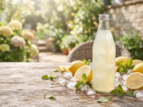 Refreshing lemonade in glass bottle with lemons ice and mint leaves.