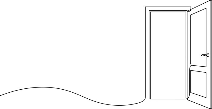 A continuous line art drawing of an open door frame and paneling on a white background.