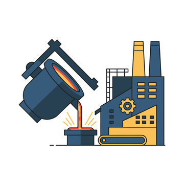 Flat vector illustration of a tilted ladle pouring molten metal beside a factory building with smokestacks and a gear