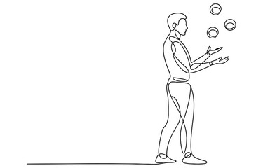 Obraz premium Continuous single line drawing of a man juggling three balls Vector, illustration