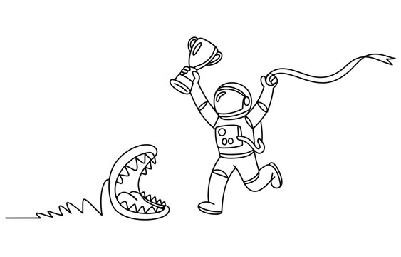 Continuous single line drawing of an astronaut holding a trophy cup running away from a scary monster mouth Vector, illustration