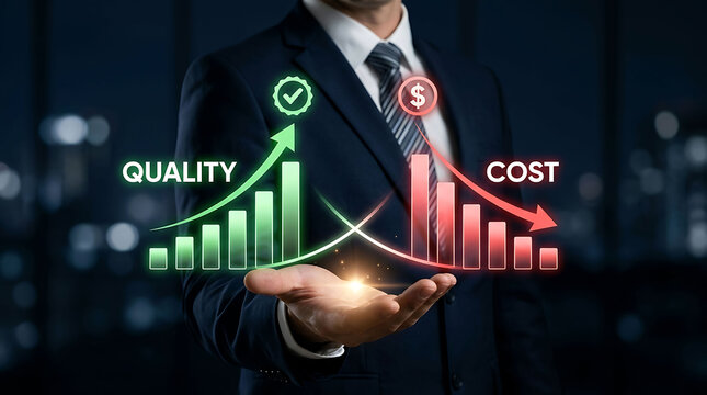 Businessman holding hologram of increasing quality and decreasing cost graph