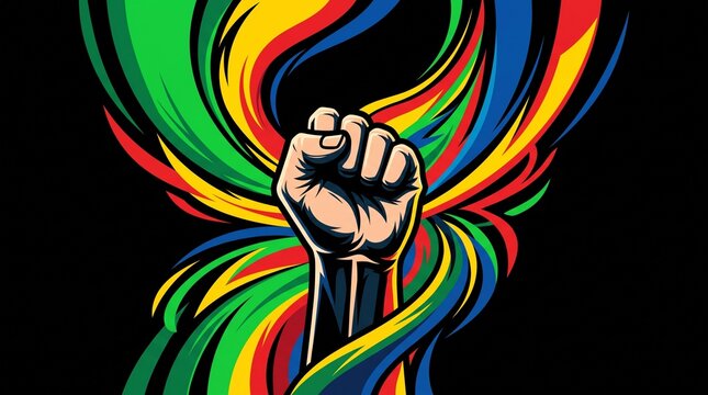 Fist raised with colorful swirling background
