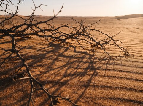 Dry desert branches casting shadows on sand dunes during sunset.