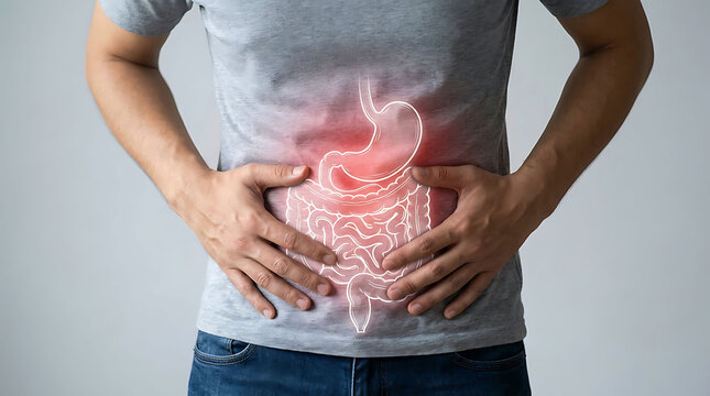 Man suffering from stomach ache and digestive issues with anatomical graphic