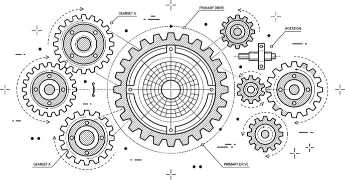 Industrial mechanical gear drive system blueprint technical engineering diagram line art vector isolated on white background