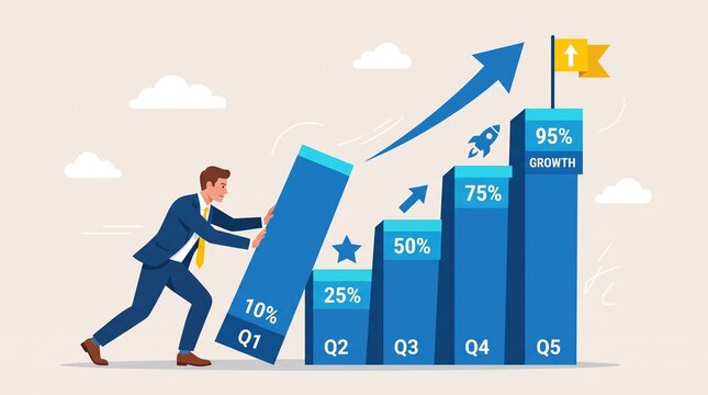 Man pushing growth bar chart upward