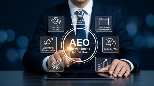Businessman interacting with digital AEO interface for Answer Engine Optimization