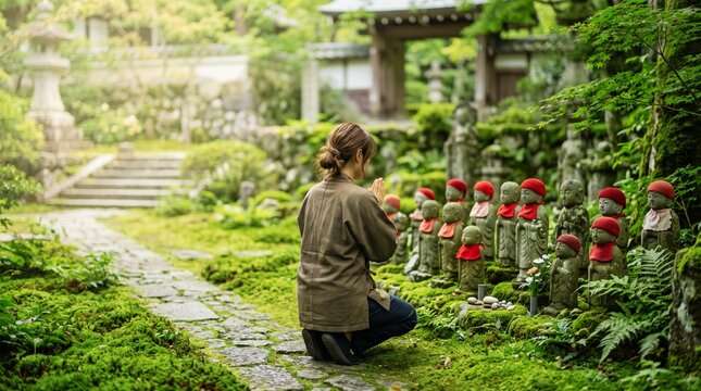 苔むした寺院の庭園で地蔵菩薩に手を合わせ祈る女性の後ろ姿