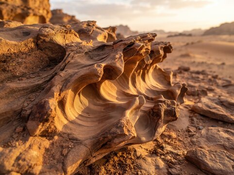Eroded rock formations with wavy patterns in desert landscape at sunset.