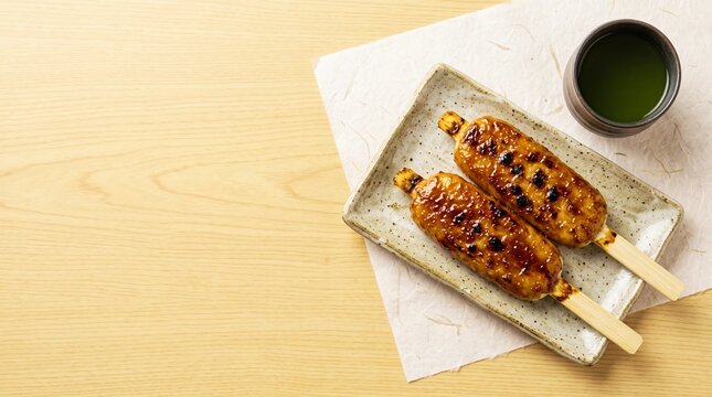和食器に盛り付けられた香ばしい五平餅と緑茶の真上からの俯瞰カット