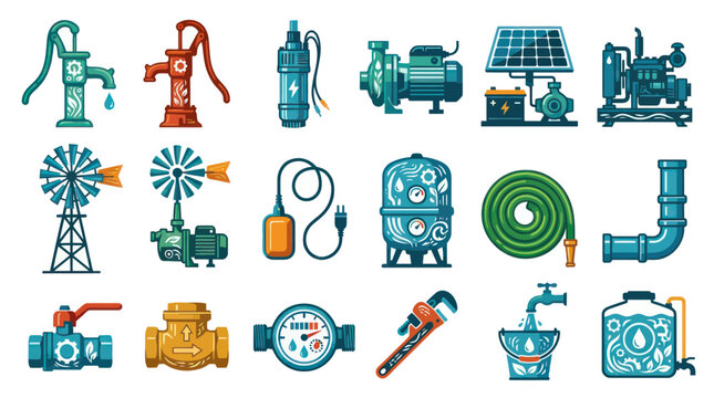 Flat Vector Icons of Water Pumps, Irrigation, Plumbing Equipment  Sustainable Water Supply Systems