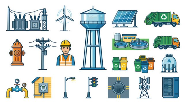 Urban Infrastructure Public Utility Services Icons Set. Flat Outline Line Art Design Elements