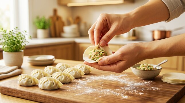 A close-up of hands carefully wrapping homemade dumplings on a wooden cutting board in the kitchen