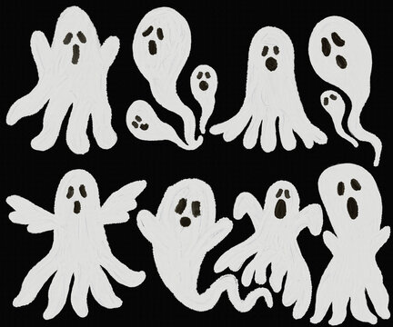 Hand-drawn spooky white ghost vector icons and elements set on black background