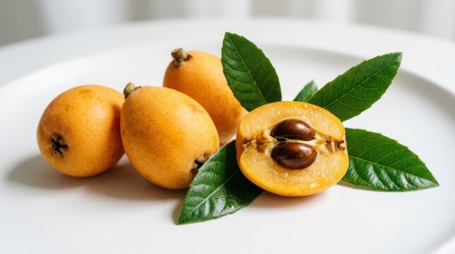 Fresh loquat fruits with green leaves on a white plate