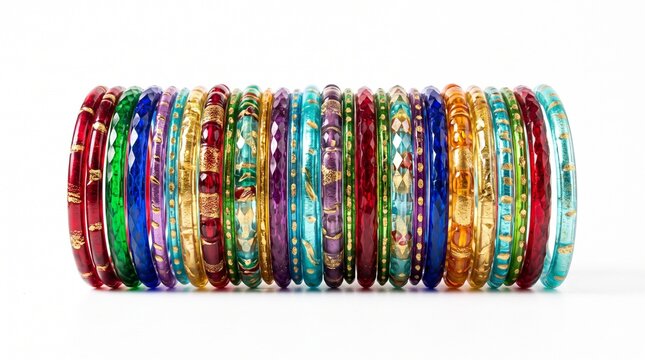 Collection of colorful glass bangles with gold accents arranged in a row on a white background vector illustration