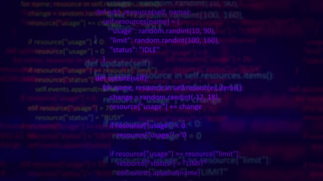 Abstract Dark Blue Coding Background with Purple Cyber Programming Code, Software Development Script, Data Processing, System Matrix, and Technology Interface Concept Video Loop