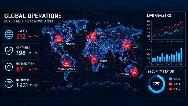 Real time threat monitoring global operations dashboard displaying security status analytics and worldwide cyber attacks