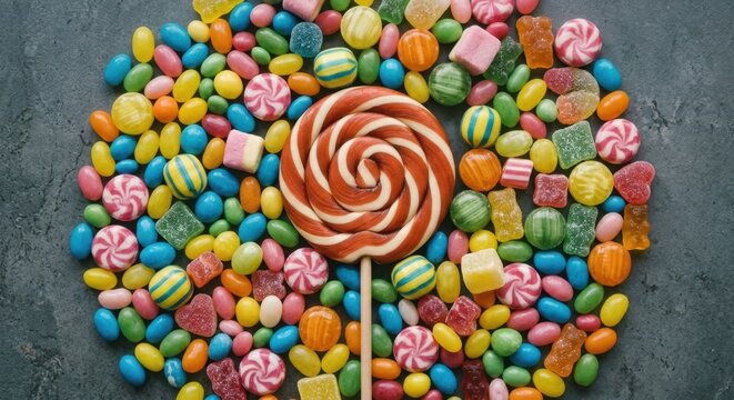 Assorted colorful candies with large swirl lollipop, jelly beans, gummy bears, and peppermint sweets on dark textured surface; high-resolution studio shot for dessert and food concepts.